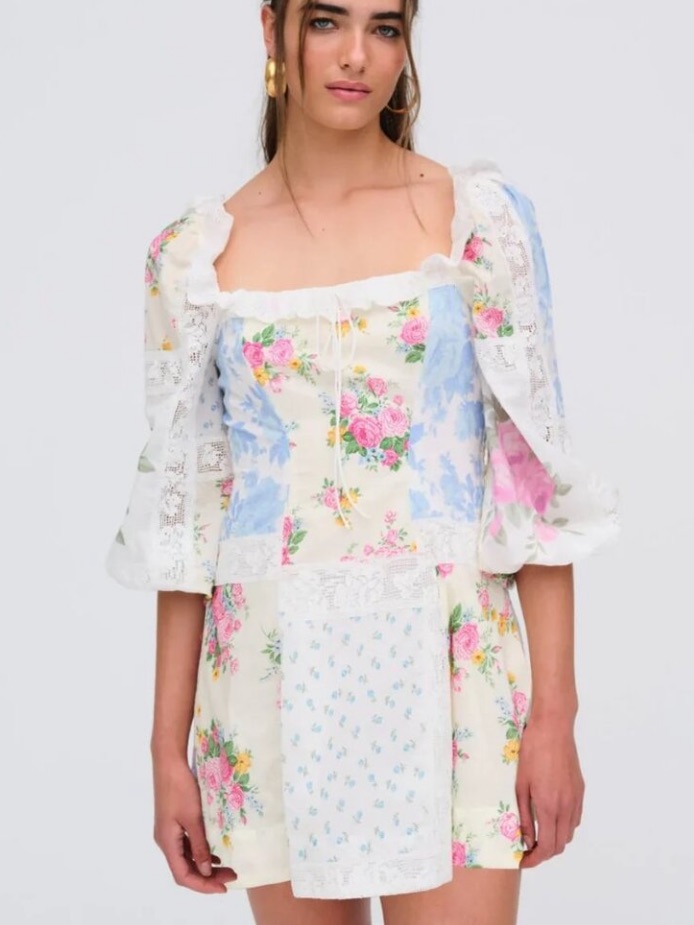 Nwt For Love And Lemons Floral Patchwork Puff Sleeve Mini Dress